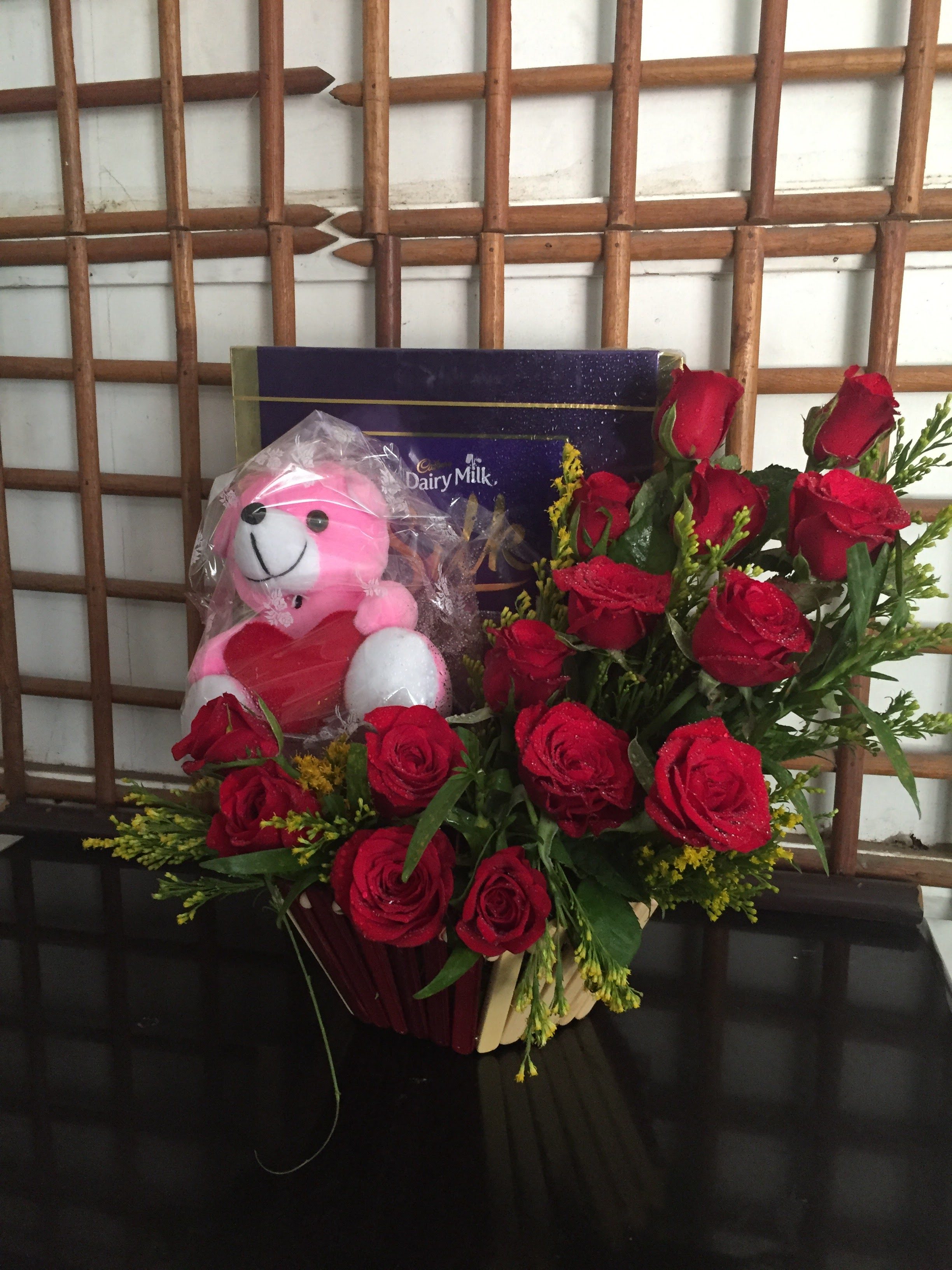 flower teddy and chocolates