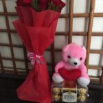 6 roses paper packed with teddy and ferrero rocher chocolates